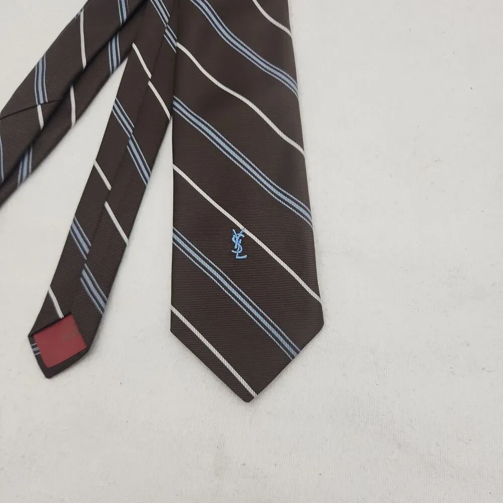 Tie Yves Saint Laurent YSL Neckwear Brown Rep Blue & White Stripes New York VTG